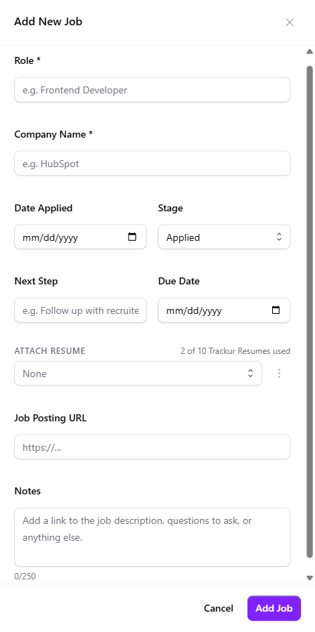 The Add New Job slide-out panel with the Role, Company Name, Date Applied, Stage, Next Step, and Notes fields